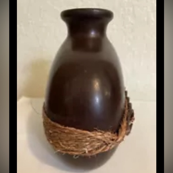 Vintage Dark Wooden Vase Ottoman Style Wood With Raffia & Metal Rings  6x6” - Picture 4 of 7